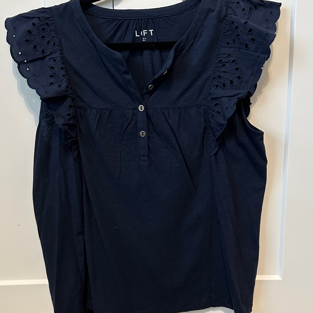 LOFT Dark Blue Eyelet Ruffle Blouse